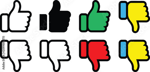 Photos Thumbs up icon set, thumbs down symbol, like button, dislike sign, approval, voting, feedback, social media, reaction, interface, symbols, communication