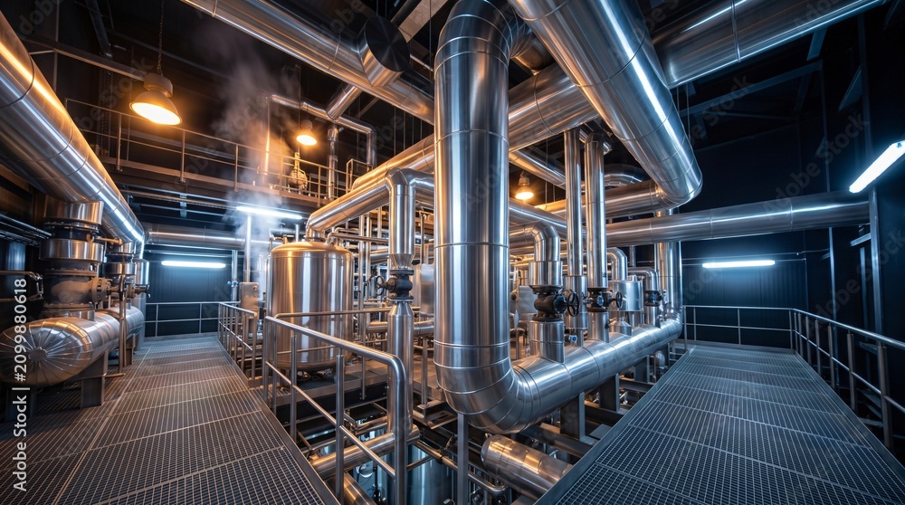 Fototapeta premium Industrial facility with intricate metal pipes tanks valves and glowing lights emitting steam