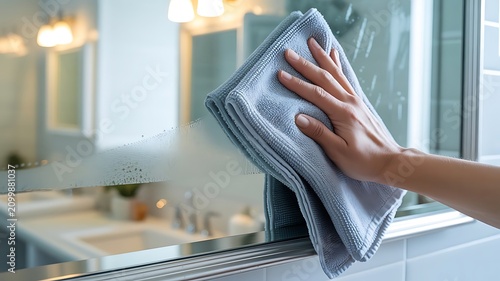 Person cleaning a bathroom mirror with a blue microfiber cloth, removing streaks and water spots for a clear reflection in a modern home interior