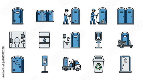 Corporate Set of Modern Portable Toilets Sanitation Equipment and Maintenance Icons in Blue and White