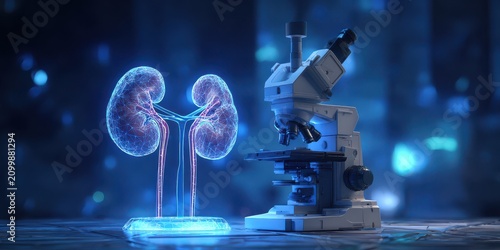 Nephrology research illuminated human kidneys with a laboratory microscope for medical study and innovation
