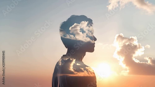 Surreal Double Exposure Silhouette Featuring Sky, Clouds, and Personal Growth Theme