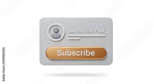 3D render of a subscribe button with user profile icon and placeholder text on a light gray interface card
