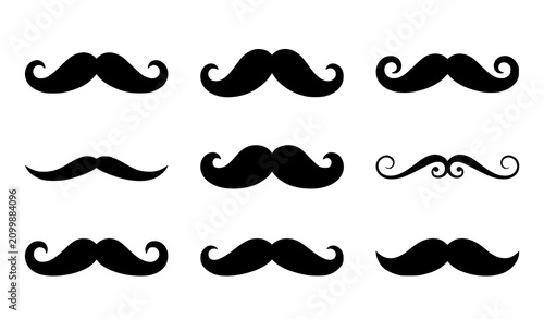 Black Curly Mustache Shapes Collection Featuring Classic Retro Facial Hair Vector Symbols