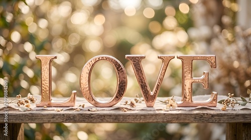 Copper Love Letters on Wooden Bench with Soft Bokeh Background