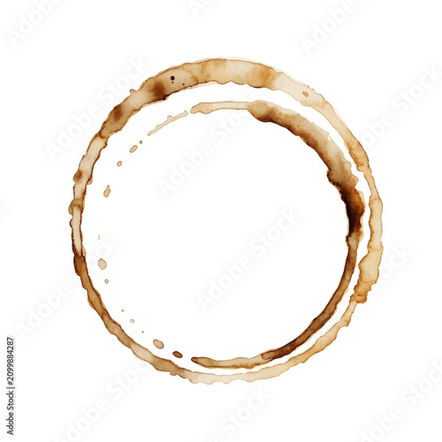 Double ring coffee cup stain on white canvas. Coffeehouse restaurant menu decoration element. Dark espresso mug bottom spill marks with dried texture and droplets