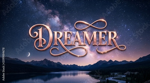 Dreamer text overlay on starry night sky over mountains and lake