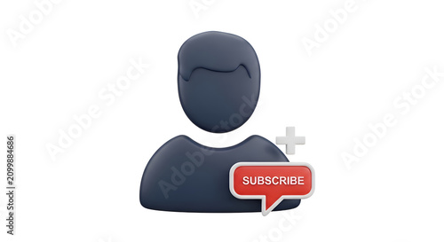 3D render of a user profile icon with a red subscribe button and a plus symbol