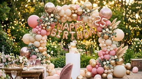 Elegant 25th Birthday Outdoor Celebration Arch with Balloons and Cake