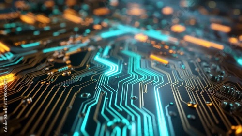 High-Tech Motherboard Background Featuring Neon Circuitry and Digital Innovation