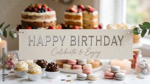 Elegant Birthday Celebration with Cake, Cupcakes, and Macarons