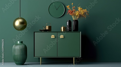 Emerald green cabinet with gold accents and decor.