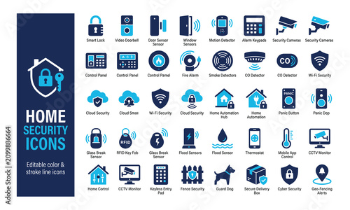 Comprehensive, smart home security vector icon collection, featuring surveillance cameras, fire alarms, door sensors, and automation system protection concepts illustration.