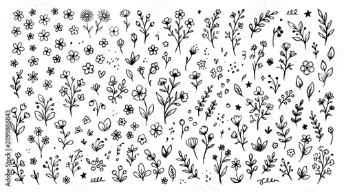 Hand drawn ditsy floral print elements small flower leaf dot scatter repeat toss sprig, black ink sketch vector illustration
