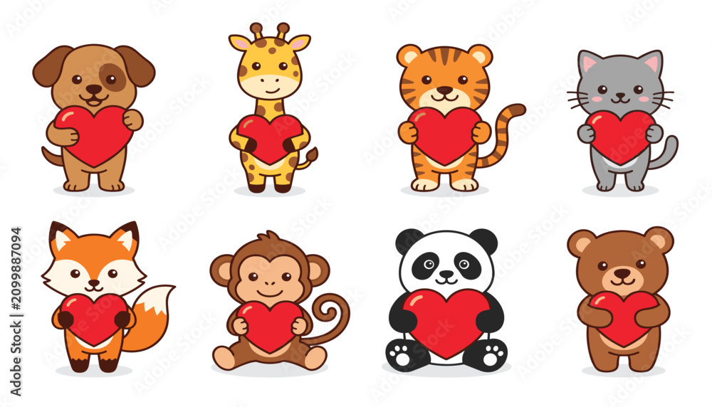 Fototapeta premium animal vector set, cute cartoon animals holding red heart stickers, funny valentine day pet characters clipart, kawaii baby zoo creatures love icons.