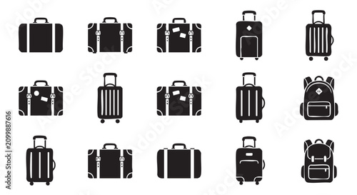 Foto black vector icons of luggage and backpacks for travel black vector icon
