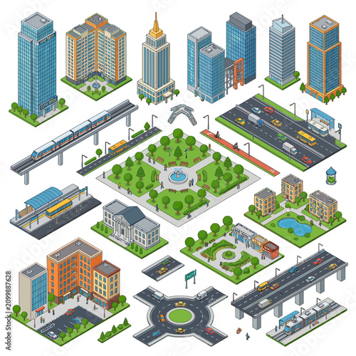 Isometric City Buildings and Infrastructure Elements