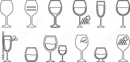 Bild auf Leinwand Wine Icons Collection, Set, Group of Modern Fill and line Black Wine Glass, Bott