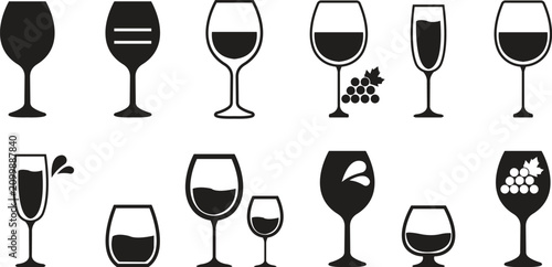 Foto Wine Icons Collection, Set, Group of Modern Fill and line Black Wine Glass, Bott