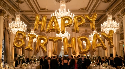 Elegant Happy Birthday Balloons Hanging in Luxurious Ballroom Event