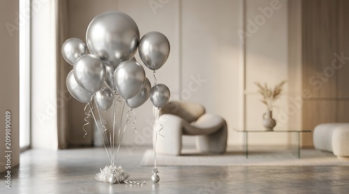Elegant silver balloons bouquet in minimalist modern interior, bright natural light