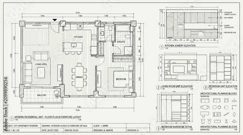 Schilderij op canvas Detailed residential interior floor plan with kitchen and bedroom furniture elev