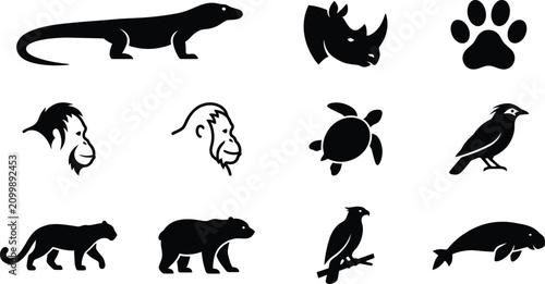 Photography National animals wildlife symbols sheet featuring komodo dragon lizard profiles