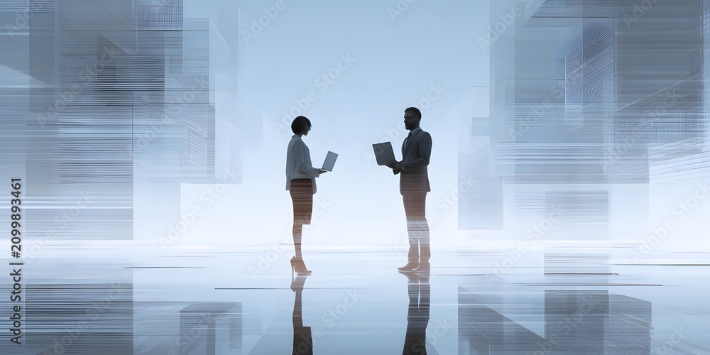 Fototapeta premium Two business professionals in silhouette discussing a tablet in a futuristic digital environment.