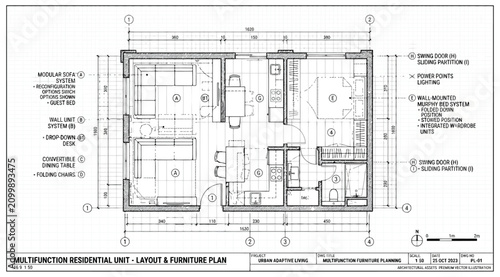 Canvastavla Architectural floor plan of a multifunction residential unit with furniture layo