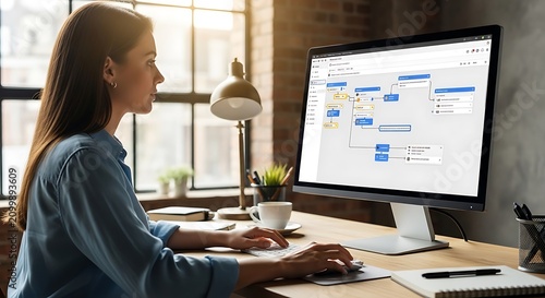 woman is focused on her computer screen, which displays a complex flowchart diagram, suggesting a business or technical workflow.