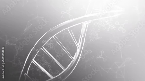 3D Rotating DNA Double Helix Structure on White Molecular Background