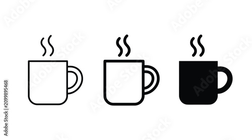 Three steaming mugs in outline flat and solid black styles on white background for beverage concepts