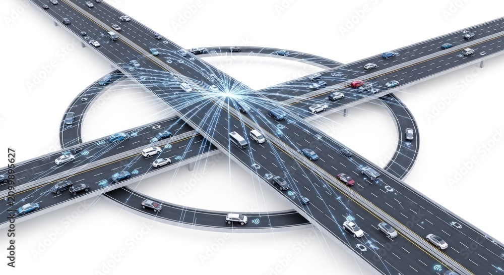 Naklejka premium Smart City Traffic Management with Connected Autonomous Vehicles on Highway Interchange
