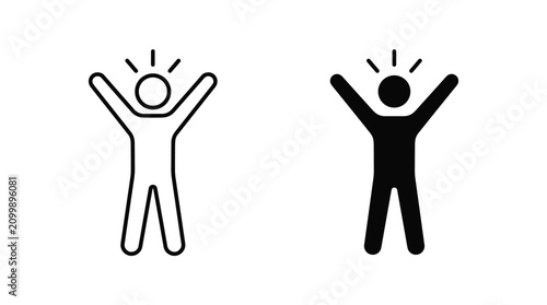Photography Person celebrating with arms raised in line art and silhouette against a white b