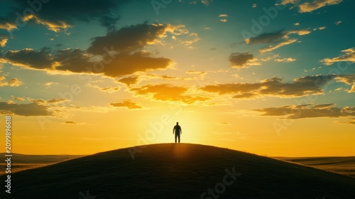 Silhouette figure on hilltop at vibrant sunset