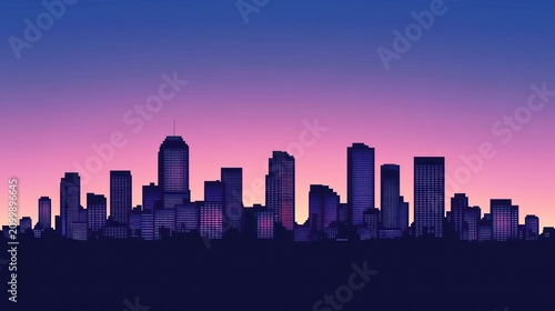 City skyline at twilight, cool colors, simple shapes
