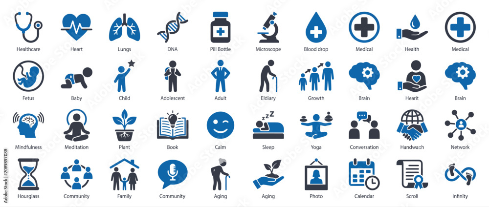 Naklejka premium Medical and lifestyle icon set. Healthcare, wellness, and human development vector symbols.