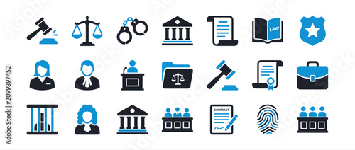 Law and justice icon set. Legal symbols for court, attorney, and criminal justice system.