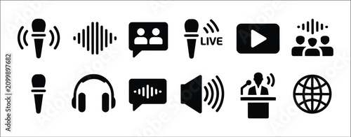 Obraz na plátně Black podcast and audio broadcasting vector icon collection featuring live streaming, sound waves, microphones, headphones, radio, voice recording, and communication glyph symbols, modern vector