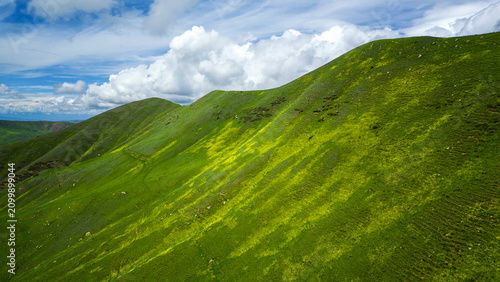 Obraz na plátně Aerial view of lush green rolling hills in Karakul Grassland under a bright blue