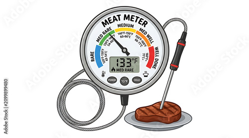 Illustration of a meat thermometer measuring the internal temperature of a grilled steak, indicating medium-rare