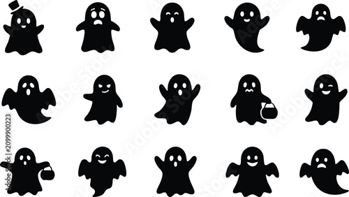 Εκτύπωση καμβά Assorted collection of fifteen black ghost silhouettes with various facial expre