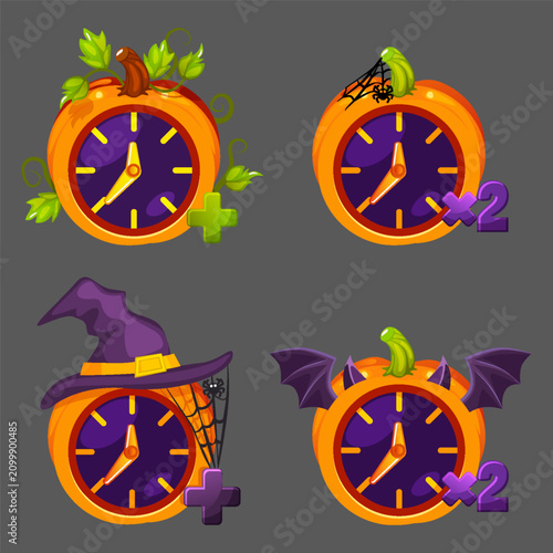 Cartoon Halloween Pumpkin Clocks Set Game UI Icons