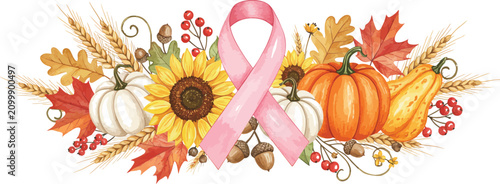 Watercolor illustration of a pink breast cancer awareness ribbon surrounded by autumn pumpkins sunflowers fall leaves and seasonal harvest elements