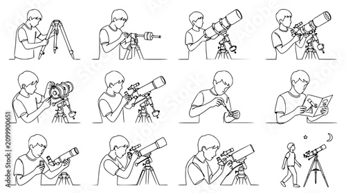 Картината върху платно Boy Setting Up and Using Telescope for Stargazing - Line Art Collection