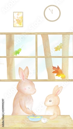 室内でうさぎの子供にご飯を食べさせるうさぎの母親の水彩ループアニメーション。秋の食育・家族愛を表現した縦型ビデオ。