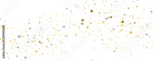 Foto Gold and silver star confetti flowing in a gentle wave against a clean white bac