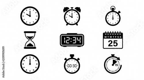 Collection of timekeeping instruments displays various clocks and calendars for scheduling tasks.