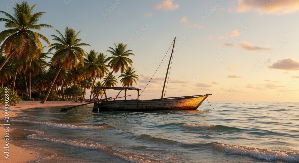 Obraz premium Traditional wooden boat on a tropical beach at sunset