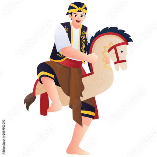 Illustration of Kuda Lumping dancer riding woven horse for Indonesian traditional art and cultural performance themes.